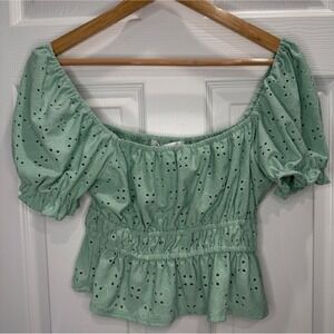Altar'd State Mint Green Eyelet Crop Top Smocked Peplum Puff Sleeve Boho M